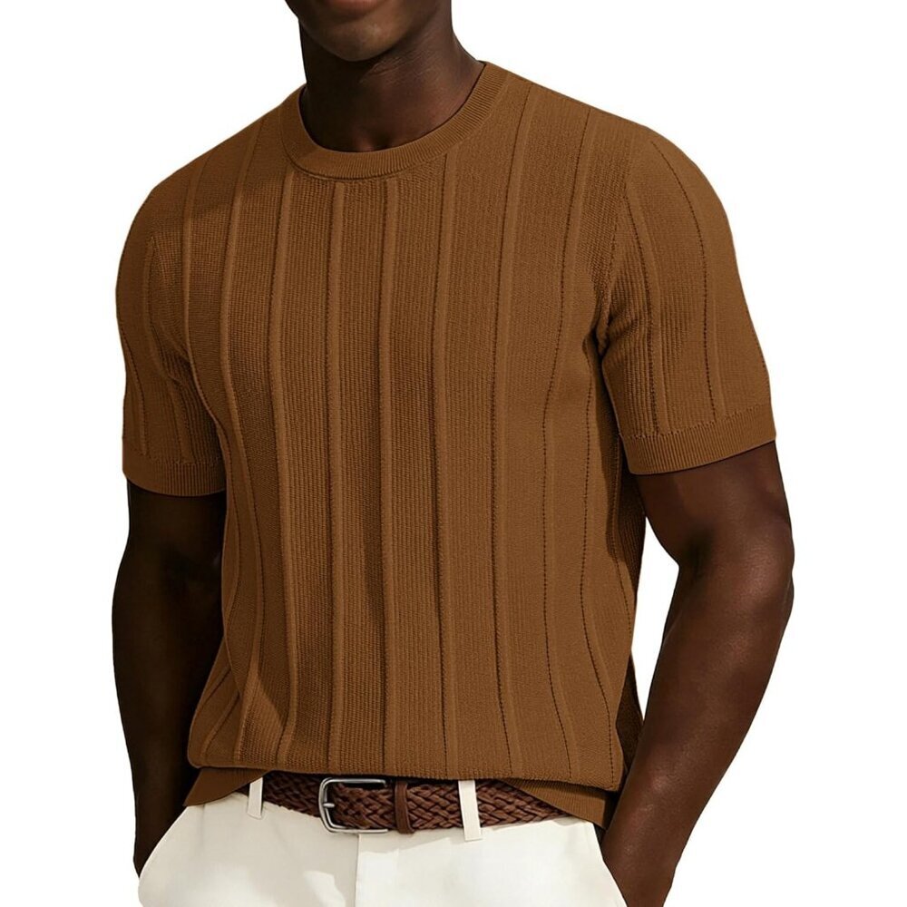 Men's Brown Crewneck Tee Shirt Ribbed Knit Tee Imported Short Sleeve T-shirts
